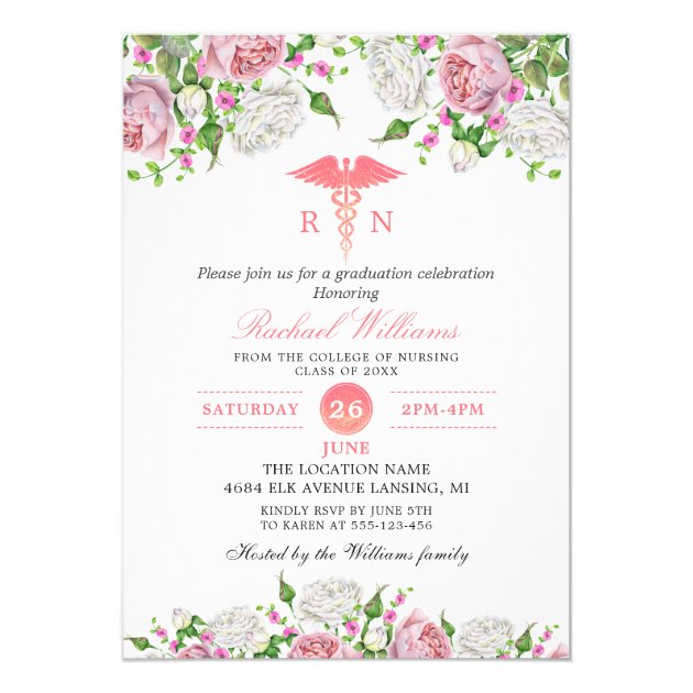 Pink Floral Nursing School Graduation Party Invitation