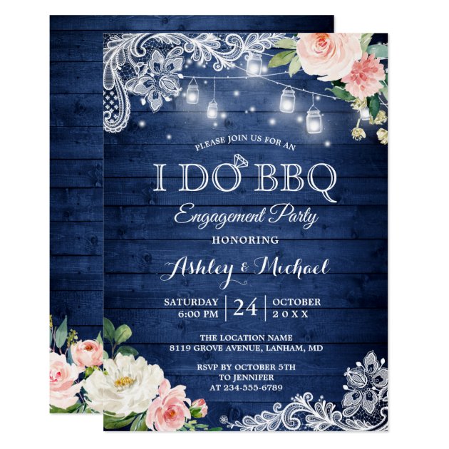 Rustic Classic Blue I DO BBQ Engagement Party Invitation