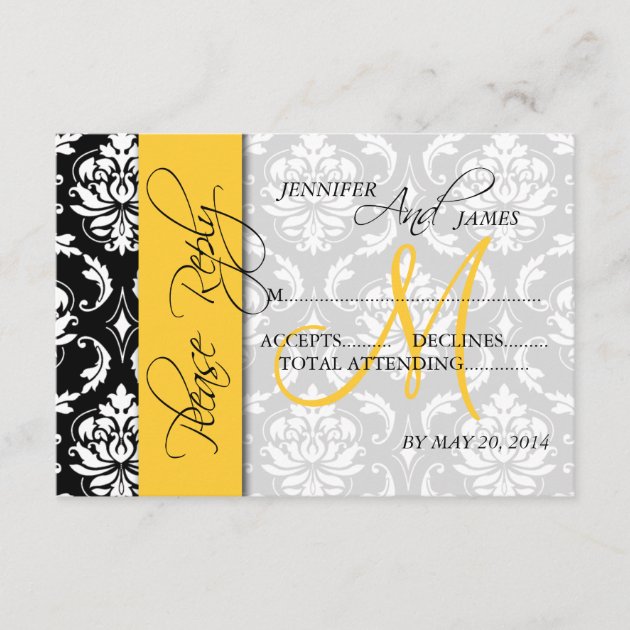 Wedding RSVP Cards Damask Monogram Yellow