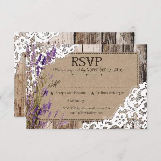 Lavender Flowers Wood Lace Rustic RSVP Card