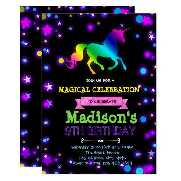 Cute glow unicorn party birthday invitation