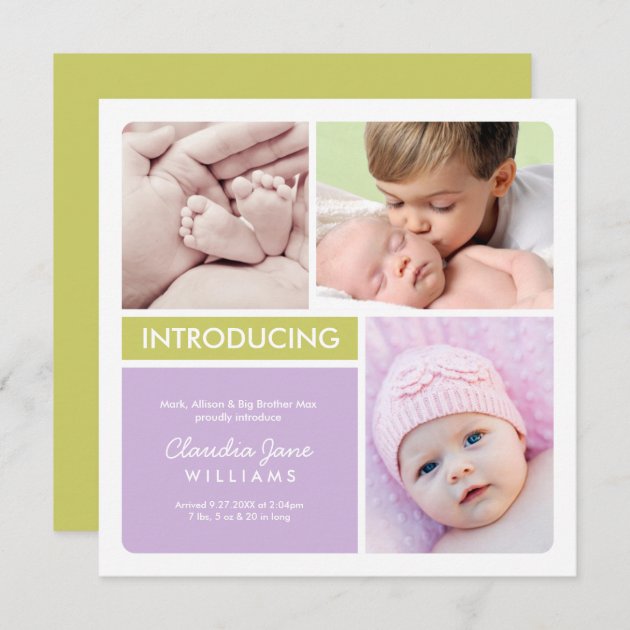 Multi-Photo Birth Announcement Card | Violet Green