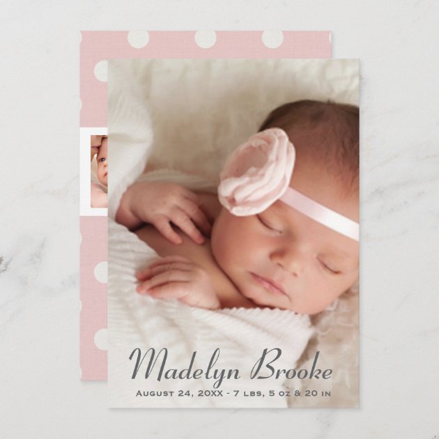 Photo Birth Announcement Card | Pink Polka Dots