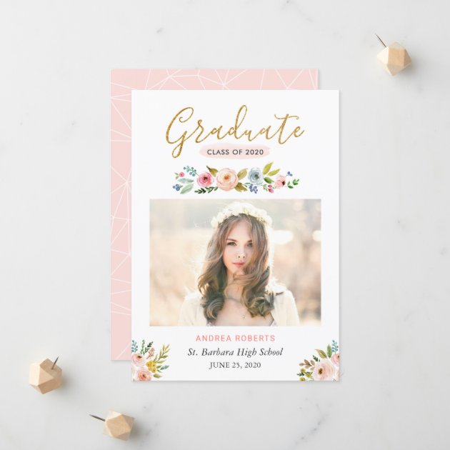 Gold Graduate Floral Photo Graduation Announcement