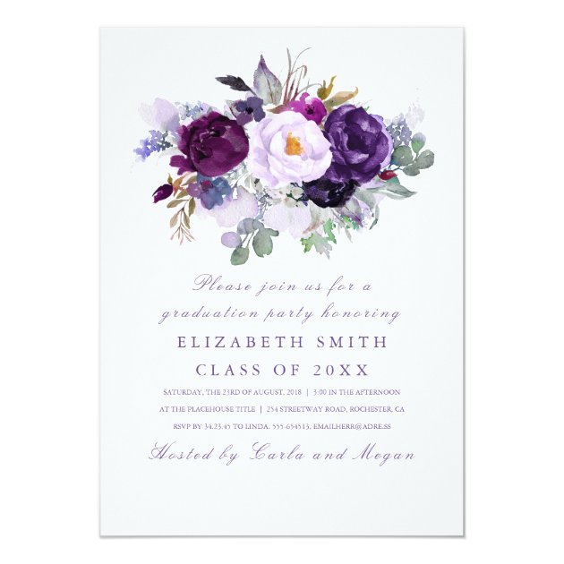 Purple Floral Watercolor Romantic Graduation Party Invitation