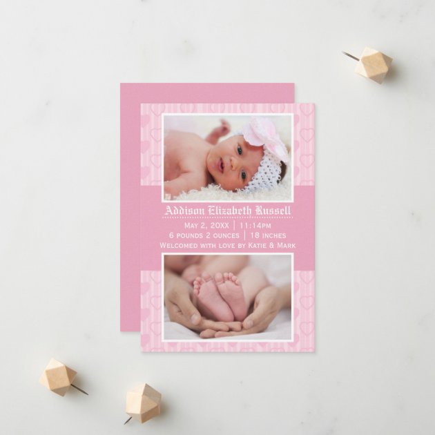 Pink Hearts 2 Photos - 3x5 Birth Announcement