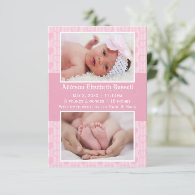 Pink Hearts 2 Photos - 3x5 Birth Announcement