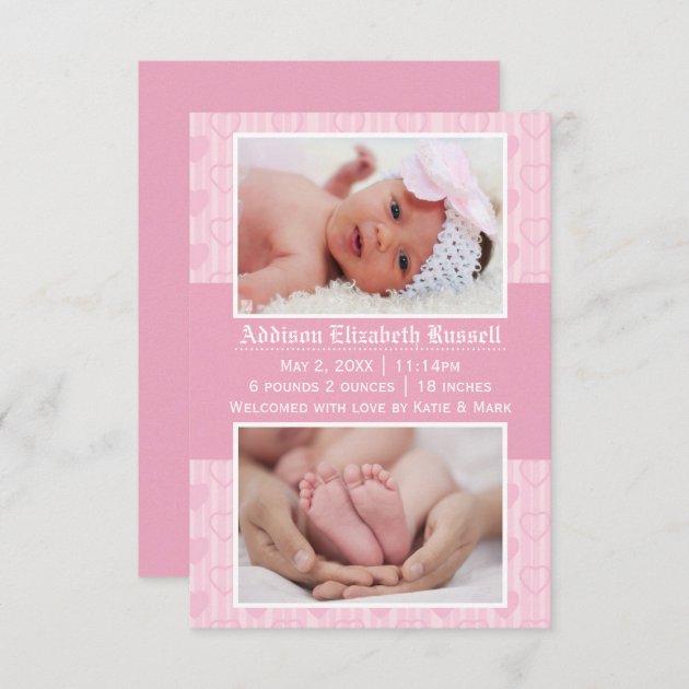 Pink Hearts 2 Photos - 3x5 Birth Announcement
