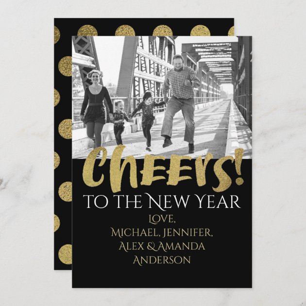 Cheers To The New Year Gold & Black Photo Holiday Card
