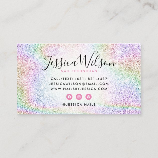 Classy holographic rainbow glitter elegant script business card (back side)