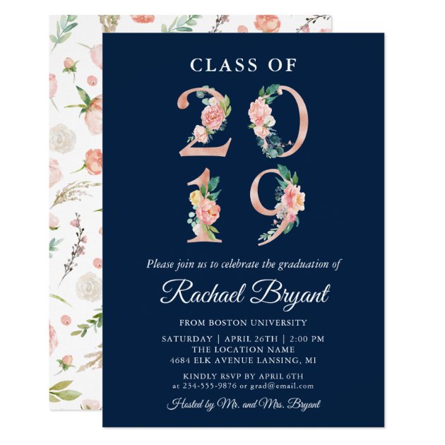Coral Floral Class of 2019 Navy Blue Graduation Invitation