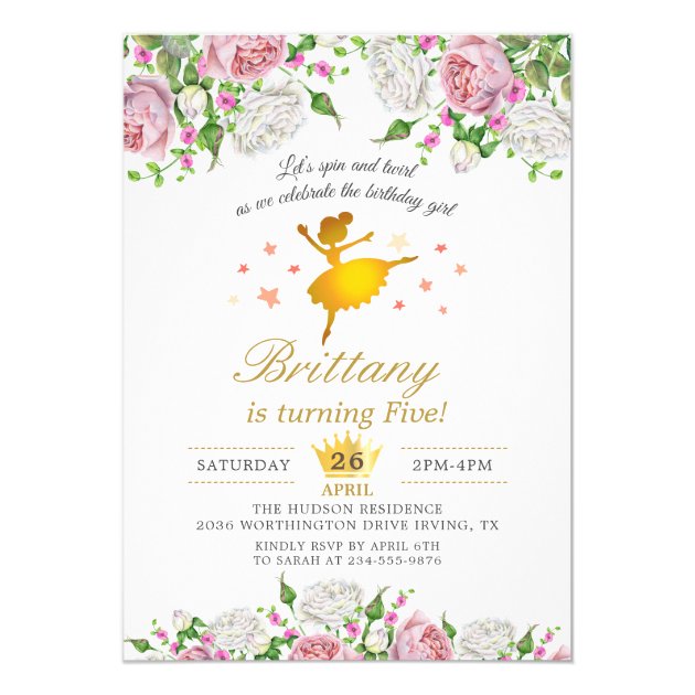 Elegant Gold Ballerina Floral Girl Birthday Party Invitation