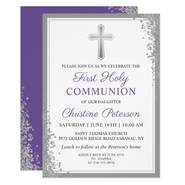 Silver Glitter Lavender Purple First Communion Invitation