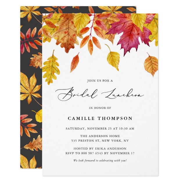 Watercolor Falling Leaves Autumn Bridal Luncheon Invitation