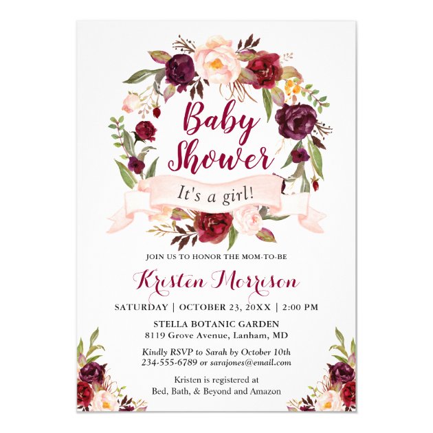 Burgundy Floral Wreath Blush Ribbon Baby Shower Invitation