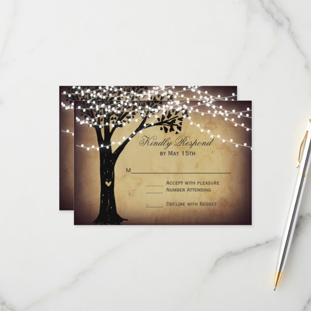 String Of Lights Rustic Oak Tree Wedding RSVP Card