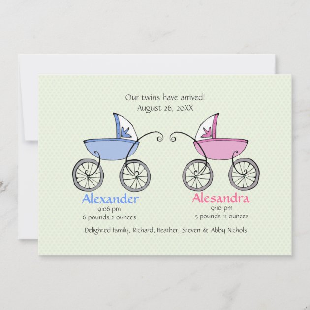 Twin Carriages Baby Birth Announcement