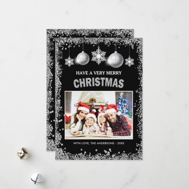 Silver Glitters Snowflakes Merry Christmas Photo Holiday Card
