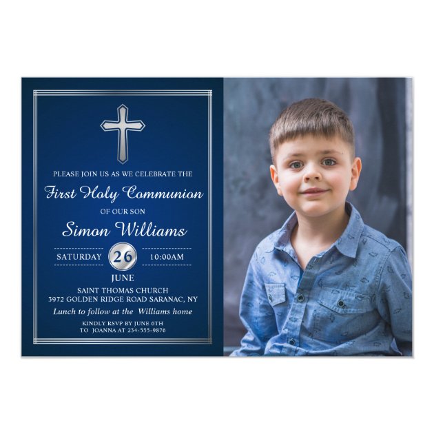 Navy Blue Silver First Holy Communion Photo Card