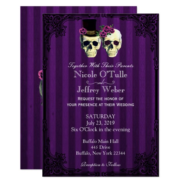 Purple Bride Groom Skulls Wedding Invitation