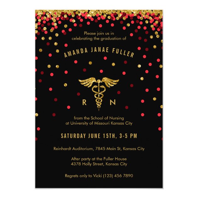 Red & Gold Confetti Nursing Graduation Invitation