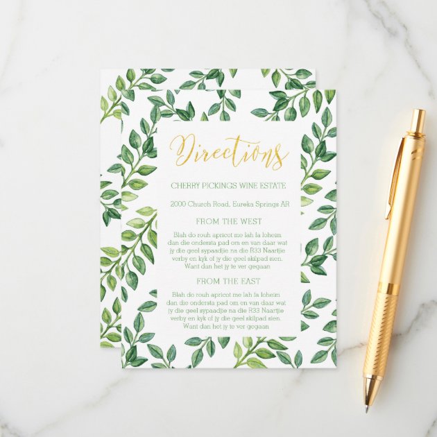 Romantic Green Leaves - Directions Wedding Card