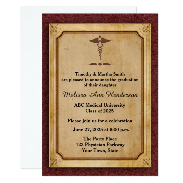 Caduceus, Parchment, Medical Graduate Annoucement Invitation