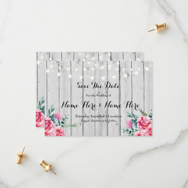 Save The Date Wood Red Rustic Floral Lights Invite