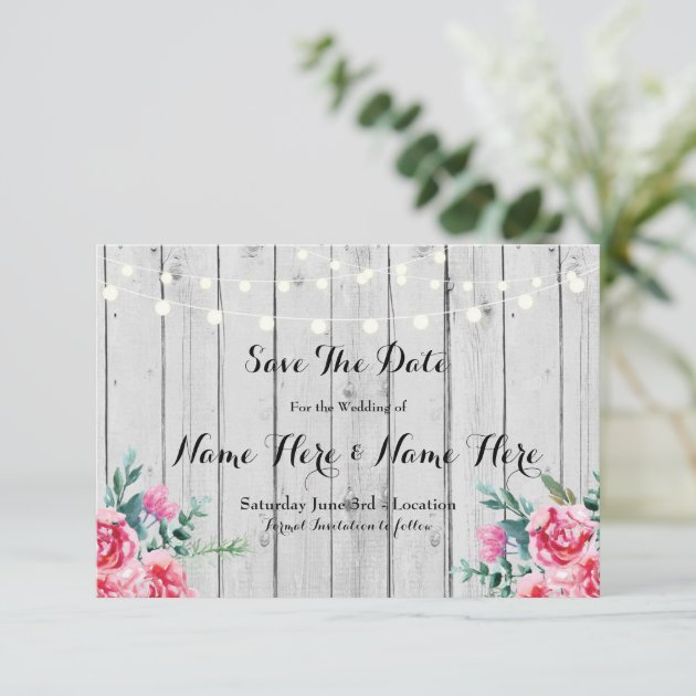 Save The Date Wood Red Rustic Floral Lights Invite