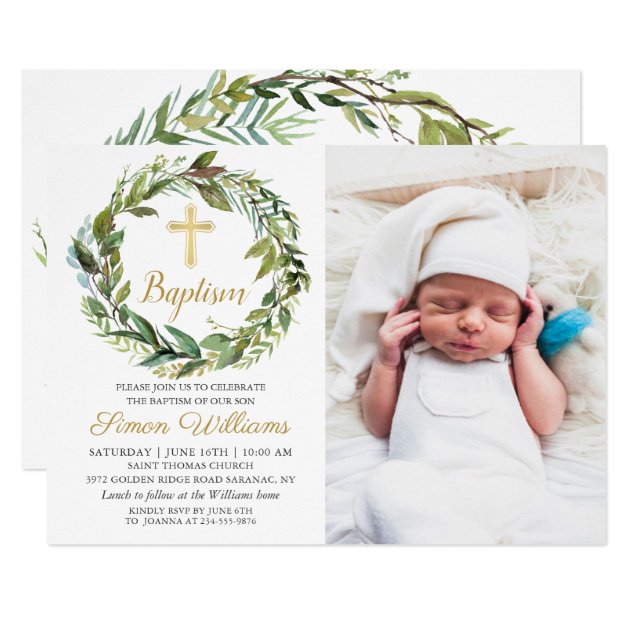 Greenery Wreath Gold Cross Boy Baptism Photo Invitation