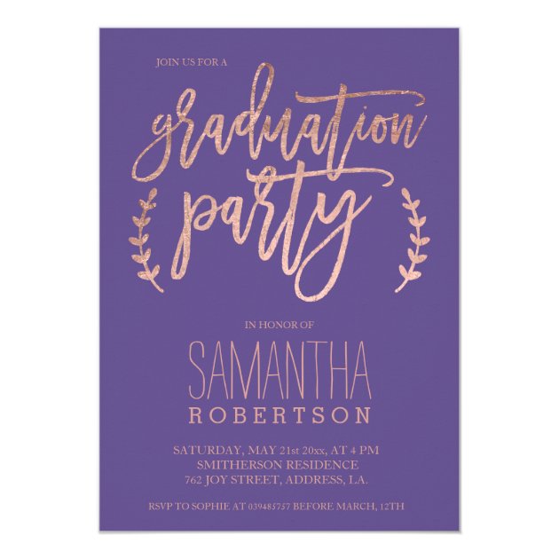 Rose Gold Typography Purple Graduation Party 2 Invitation