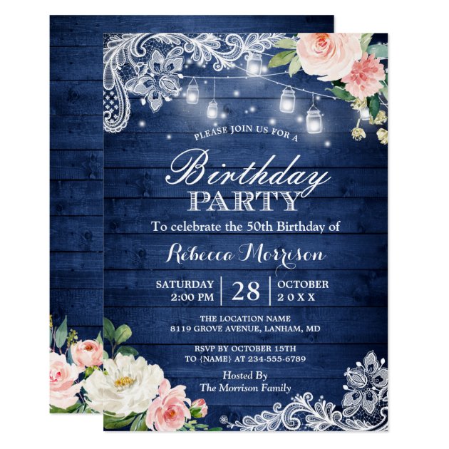 Classic Blue String Lights Floral Birthday Party Invitation
