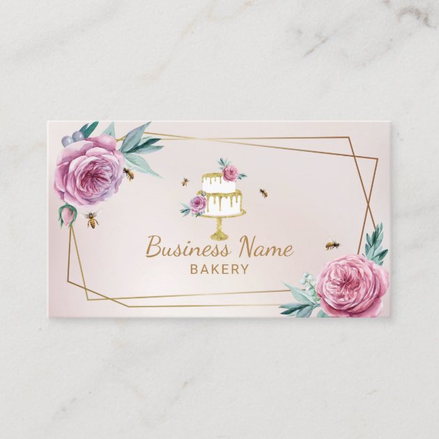 Bakery Pastry Chef Pink Flower & Bees Sweet Cake Business Card