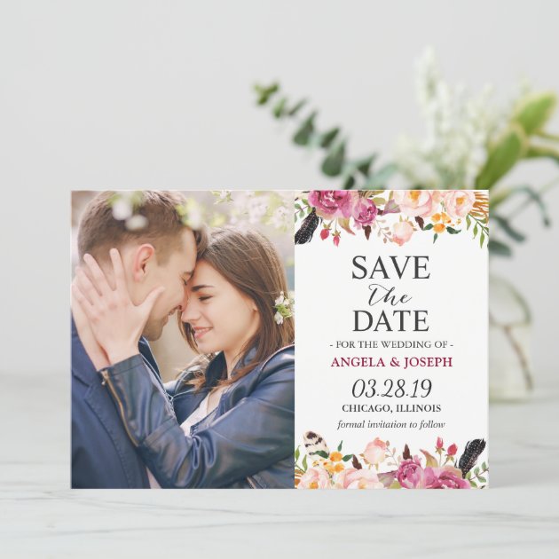 Romantic Boho Floral Feather Photo Save The Date