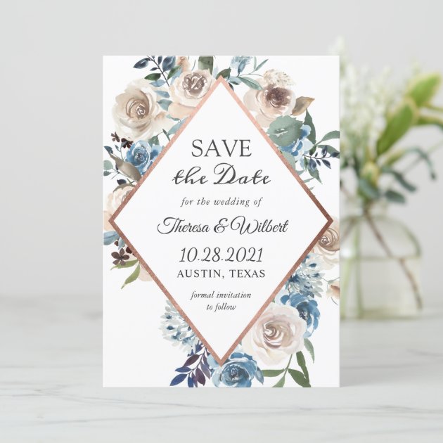 Boho Dusty Blue Rustic Floral Rose Gold Wedding Save The Date