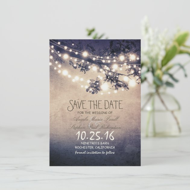 Rustic Tree Branches & String Lights Save The Date