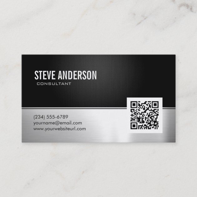 Professional Modern Black Silver Metallic QR Code Business Card (front side)