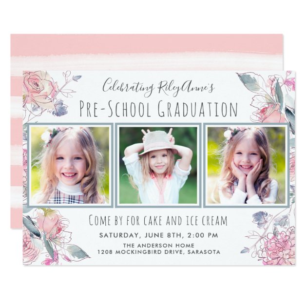 Cute Three-Photo Pre-School Graduation for Girl Card