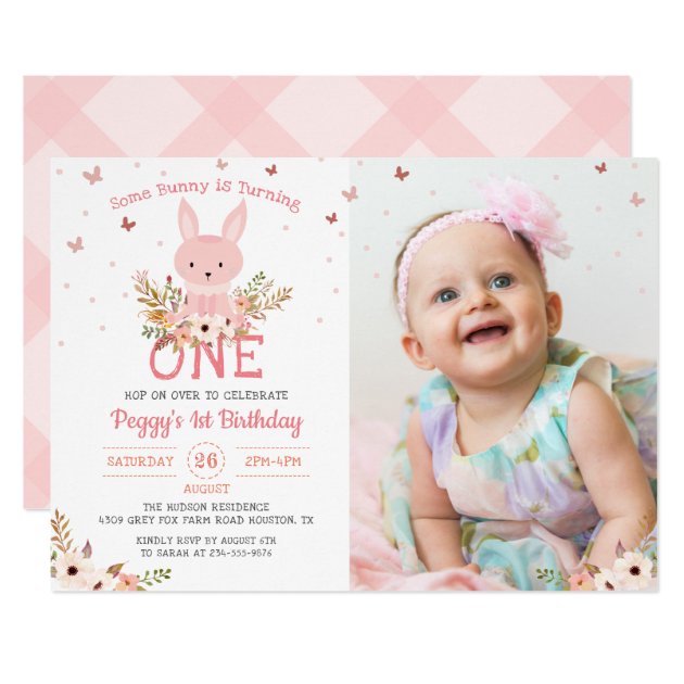 Some Bunny Girl 1st Birthday Butterfly Photo Card