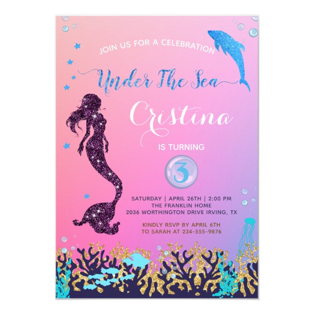 Mermaid & Dolphin Under The Sea Birthday Party Invitation