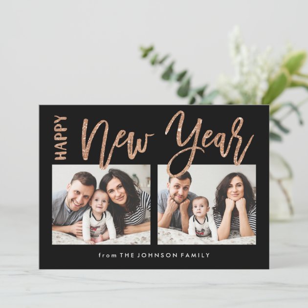 Brushed New Year Faux Gold Glitter 2 Photo Card