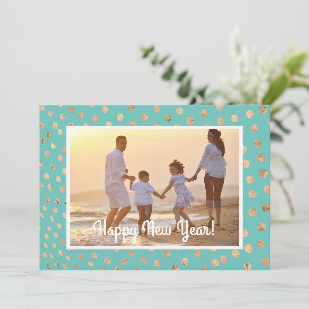 Happy New Year Photo Card Tropical Teal Gold Dots