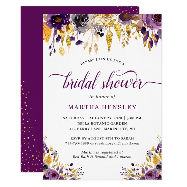 Gold Glitters Plum Purple Floral Bridal Shower Card