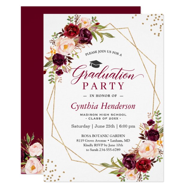 Blush Burgundy Floral Gold Frame Graduation Party Invitation