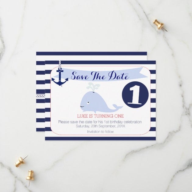 Whale Nautical 1st Birthday Save The Date Card