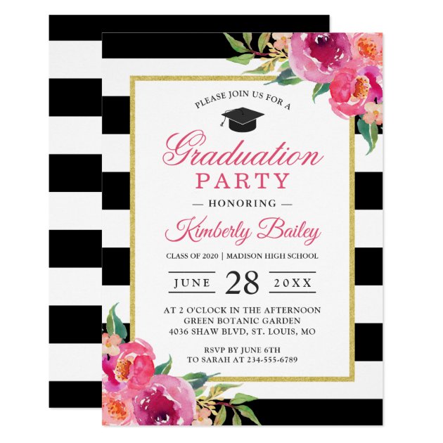 Fuchsia Purple Red Floral Stripes Graduation Party Card