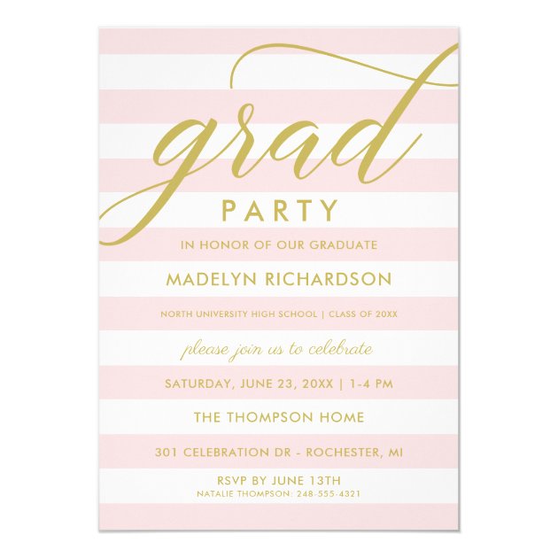 Gold Grad Party Invitation | Light Pink Stripes