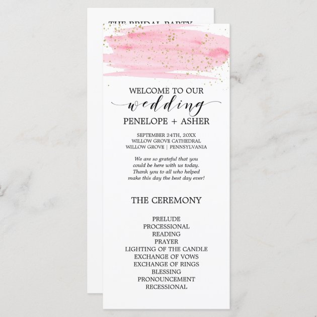 Watercolor Pink Blush And Gold Wedding Program