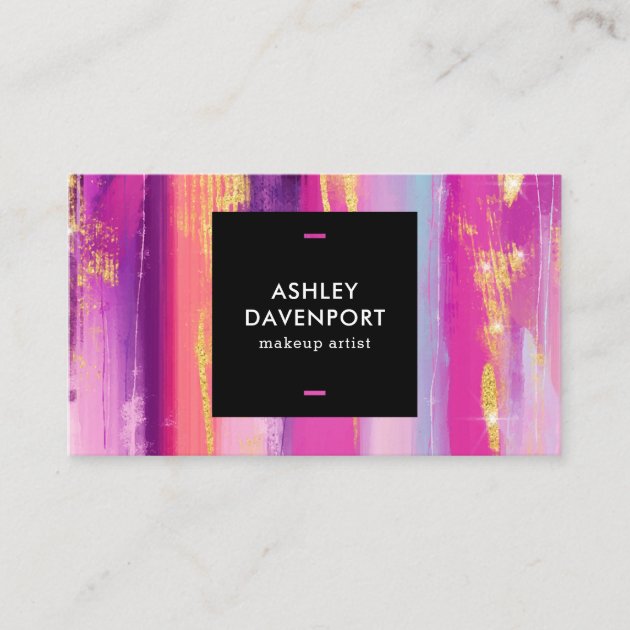 Abstract pink and gold glitter brushstrokes makeup business card (front side)