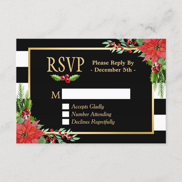 Classy Poinsettia Floral Gold Black White Stripes RSVP Card